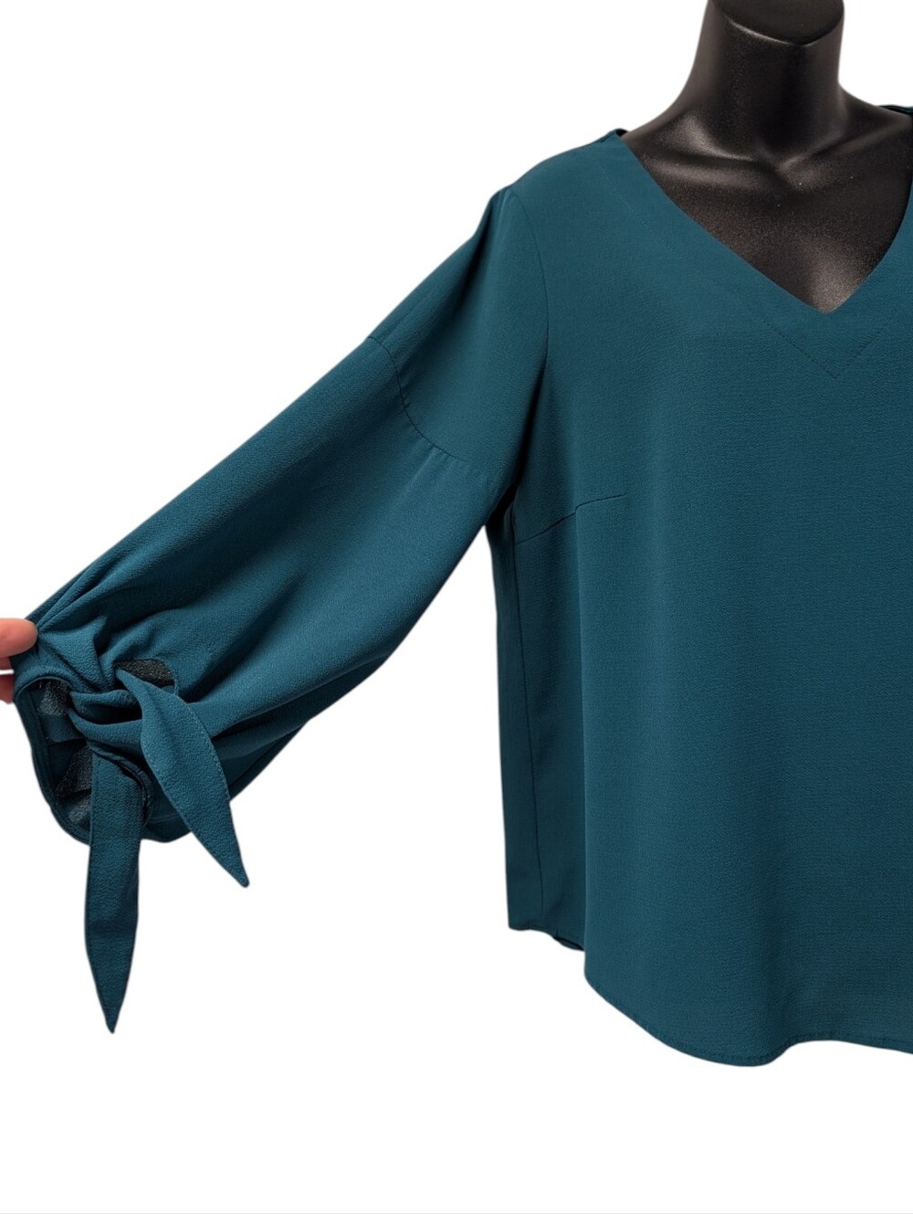 She + Sky Teal V-Neck Tie Sleeve Blouse Women's Large Flowy Long Sleeve Top - Picture 4 of 7